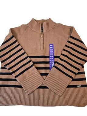 NWT DKNY Quarter-Zip Mock Neck Striped Sweater in Camel Brown and Black XXL